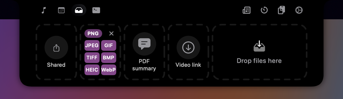 La carte Convert de la Shelf après le dépôt d'une image PNG : l'extension tient sur une ligne et les formats de sortie sont proposés.